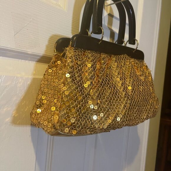 Gold Sequins with wooden black handles and frame handbag. - Picture 3 of 12